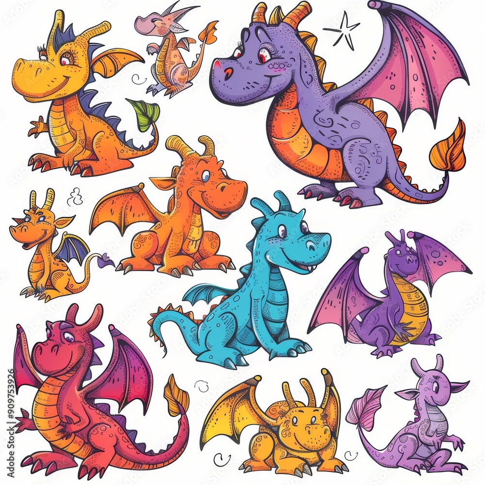 Fototapeta premium Funny dragons doodle set, cartoon dino, graphic dinosaurs isolated, monster animals