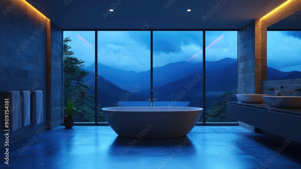 A spacious bathroom with a large window offering a breathtaking view of a mountain range A spacious bathroom with a large window offering a breathtaking view of a mountain range