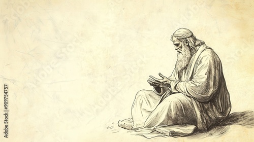 Moses in Prayer: Deuteronomy's Remember the Lord Your God. Biblical illustration with beige background, showcasing Moses thanking God for guidance and provision.