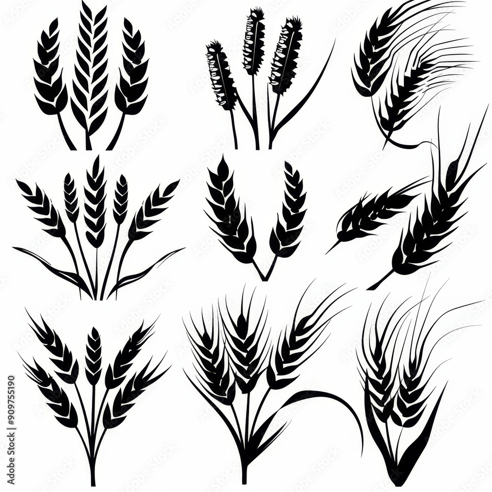 Wheat icon, rye ears sign, barley emblem, oats, cereals symbol, wheat ear, seeds, corns set Wheat icon, rye ears sign, barley emblem, oats, cereals symbol, wheat ear, seeds, corns set