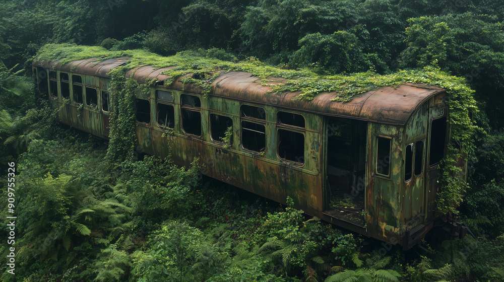 A ruined railway carriage whose structure has been completely engulfed by growing greenery, illustrating how nature gradually reclaims land previously developed by humans. A ruined railway carriage whose structure has been completely engulfed by growing greenery, illustrating how nature gradually reclaims land previously developed by humans.