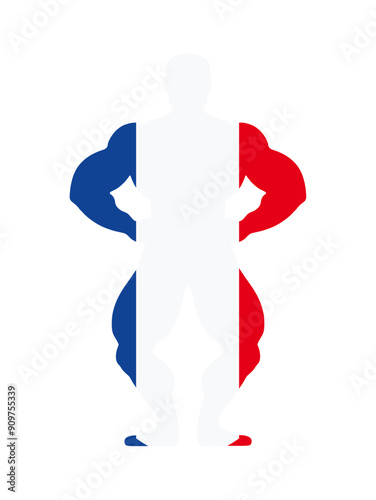 France flag over muscular bodybuilder vector silhouette illustration isolated. French patriot sport man strong arms. Body builder athlete showing muscles. Muscular body shape shadow pose competition.