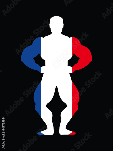 France flag over muscular bodybuilder vector silhouette illustration isolated. French patriot sport man strong arms. Body builder athlete showing muscles. Muscular body shape shadow pose competition.