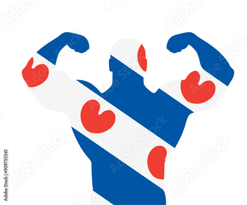 Flag of Friesland ower muscular man vector silhouette illustration isolated. Free love liberty open mind. Frisia province in Netherlands. Friesland symbol. Boy open minder bodybuilder shape shadow.