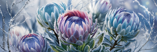 Protea fantasy flowers in full bloom, mesmerizing blend of icy winter blue and frosty white pale purple hues. The flowers are nestled amidst snow covered branches. Watercolor like illustration. photo