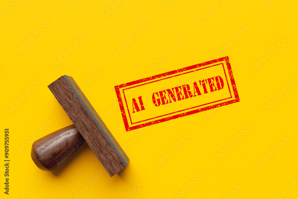 Αυτοκόλλητο Wooden stamp leaving red ai generated sign on yellow background