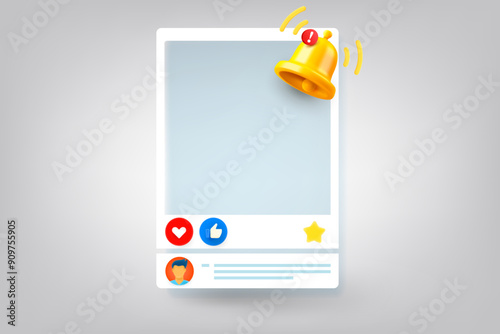 Social media page with notification bell. 3d vector illustration