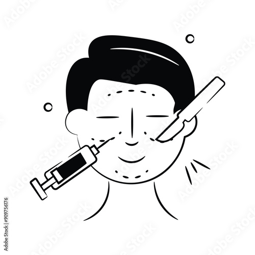 Cosmetic surgery with syringe and scalpel, doodle icon of dermatology