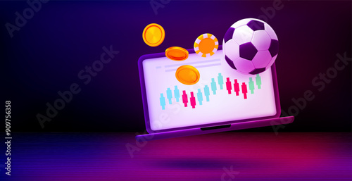 Online sports rates concept with laptop. 3d vector banner with copy space