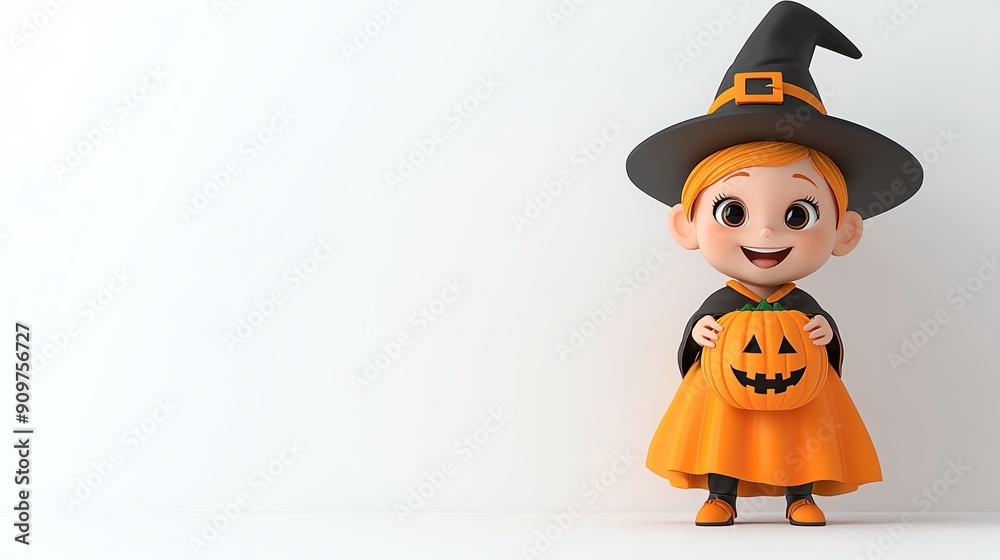 Cheerful child in a Halloween costume with a pumpkin bucket, perfect for festive themes and autumn celebrations.