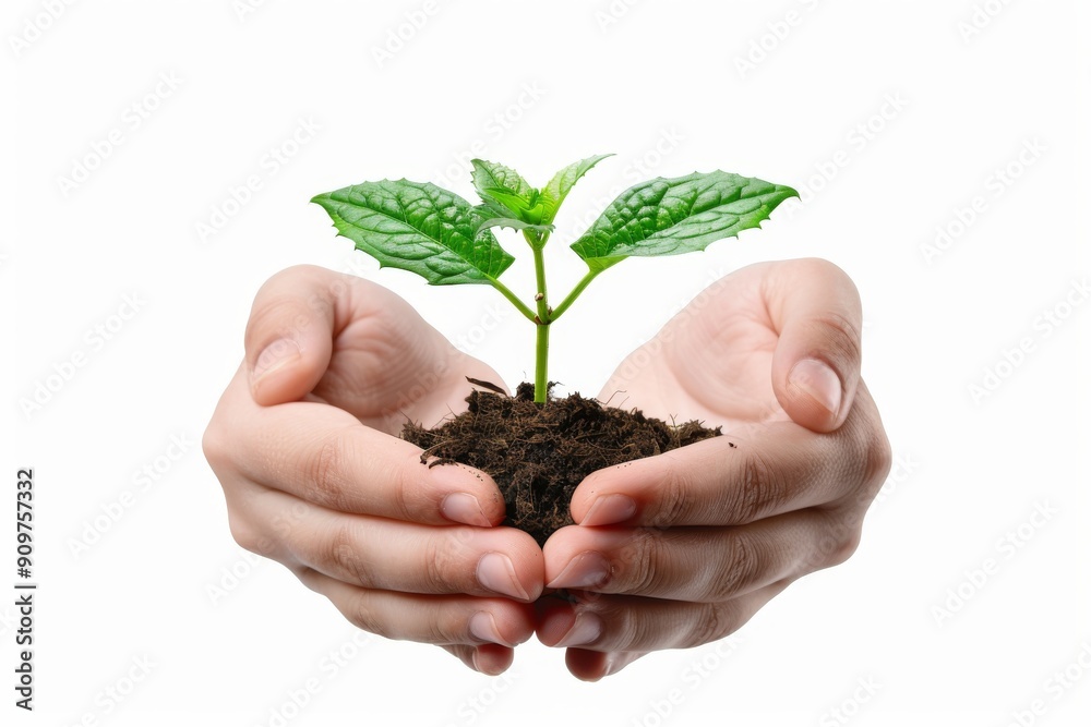 Hands holding young green plant isolated, young sprout in earth pile closeup, ecology, environmental protection Hands holding young green plant isolated, young sprout in earth pile closeup, ecology, environmental protection