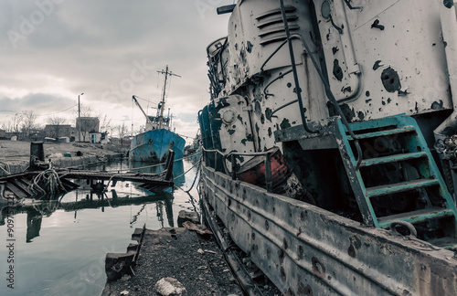 Photography destroyed ships in the port during the war in Ukraine