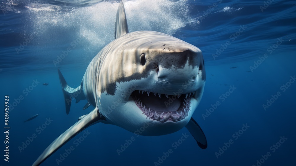 Naklejka premium Ocean shark bottom view from below. Open toothy dangerous mouth with many teeth. Neural network ai generated art