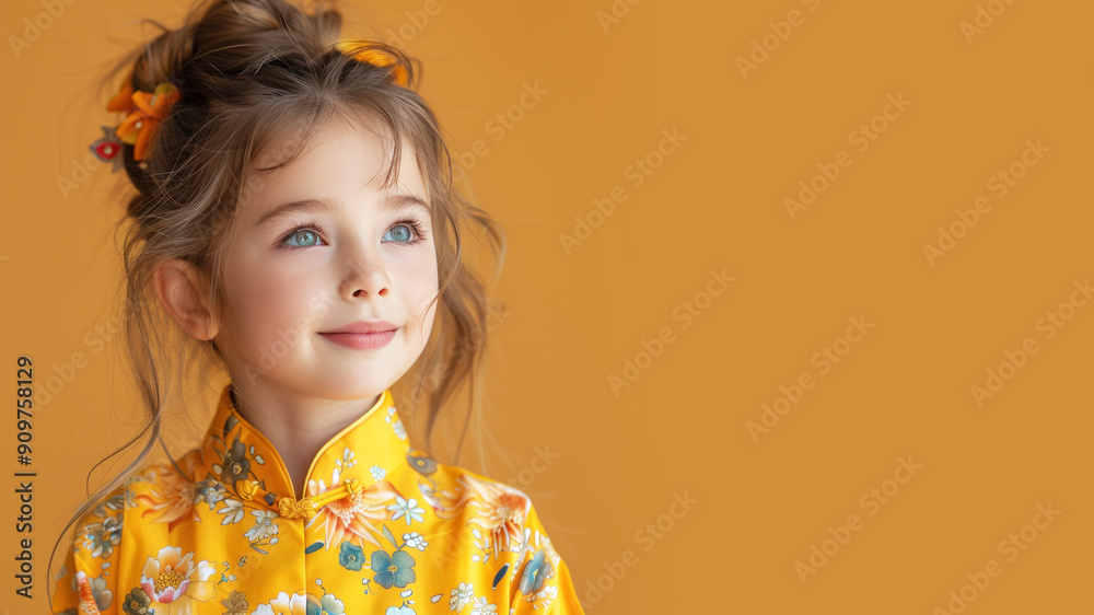 Australian girl smile wearing yellow cheongsam at chinese new year festive Australian girl smile wearing yellow cheongsam at chinese new year festive