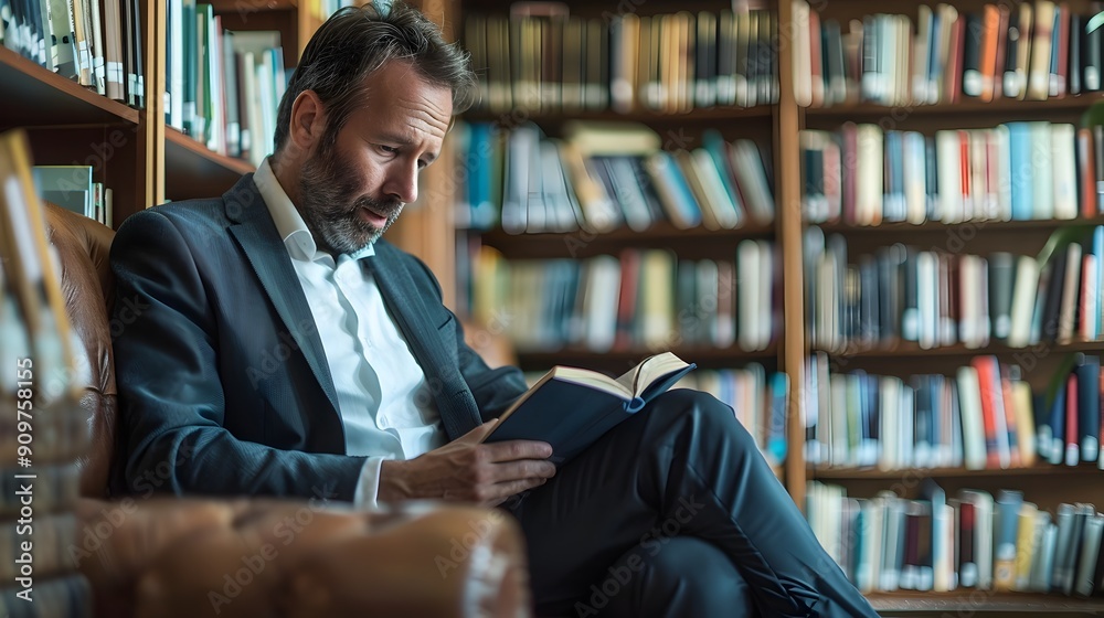 Businessman Reading Business Book in Quiet Office Library Businessman Reading Business Book in Quiet Office Library