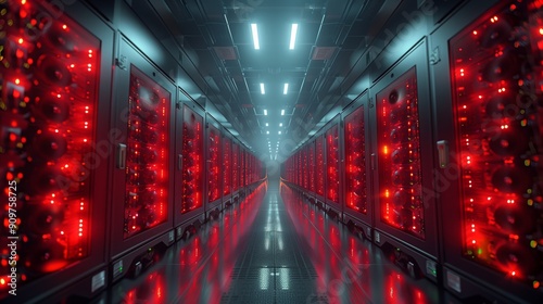 A long corridor of illuminated servers shines red in a high-tech data center during nighttime operations.