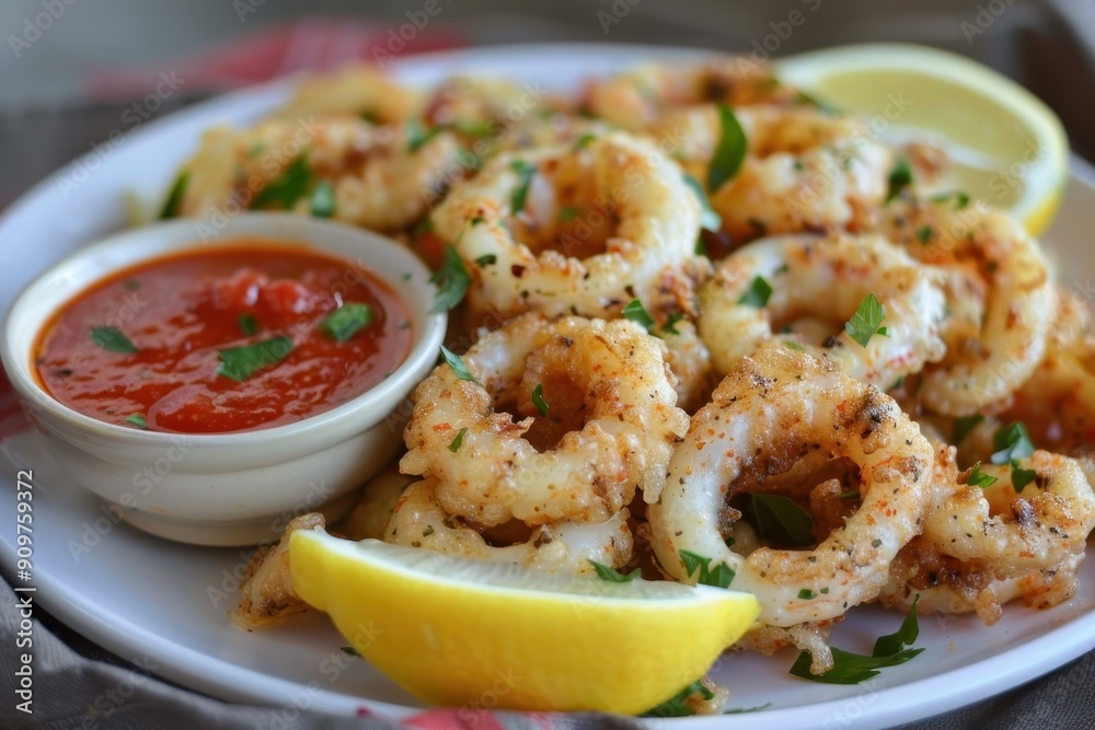 A plate of fried calamari, crispy and golden, served with marinara sauce and lemon wedges. A plate of fried calamari, crispy and golden, served with marinara sauce and lemon wedges.