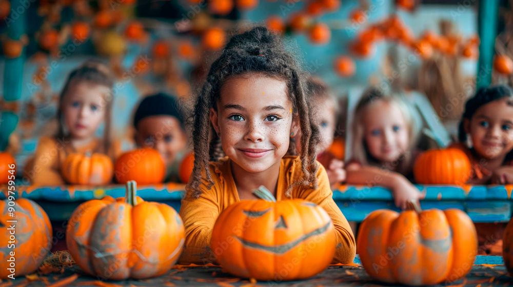 Smiling Girl with Pumpkin Carving Smiling Girl with Pumpkin Carving