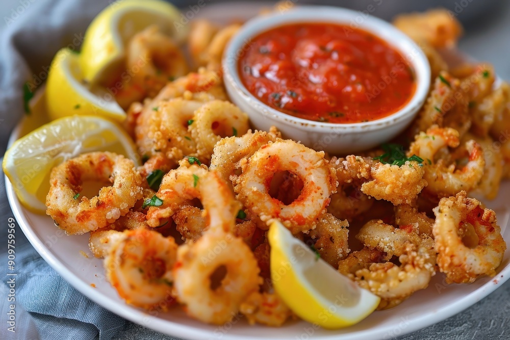 A plate of fried calamari, crispy and golden, served with marinara sauce and lemon wedges. 