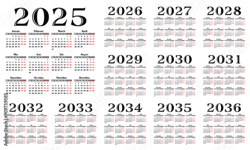 A set calendar templates for a year 2025 - 2036.