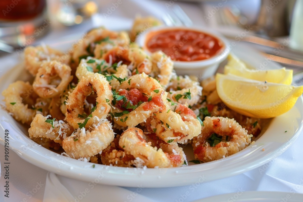 A plate of fried calamari, crispy and golden, served with marinara sauce and lemon wedges. A plate of fried calamari, crispy and golden, served with marinara sauce and lemon wedges.