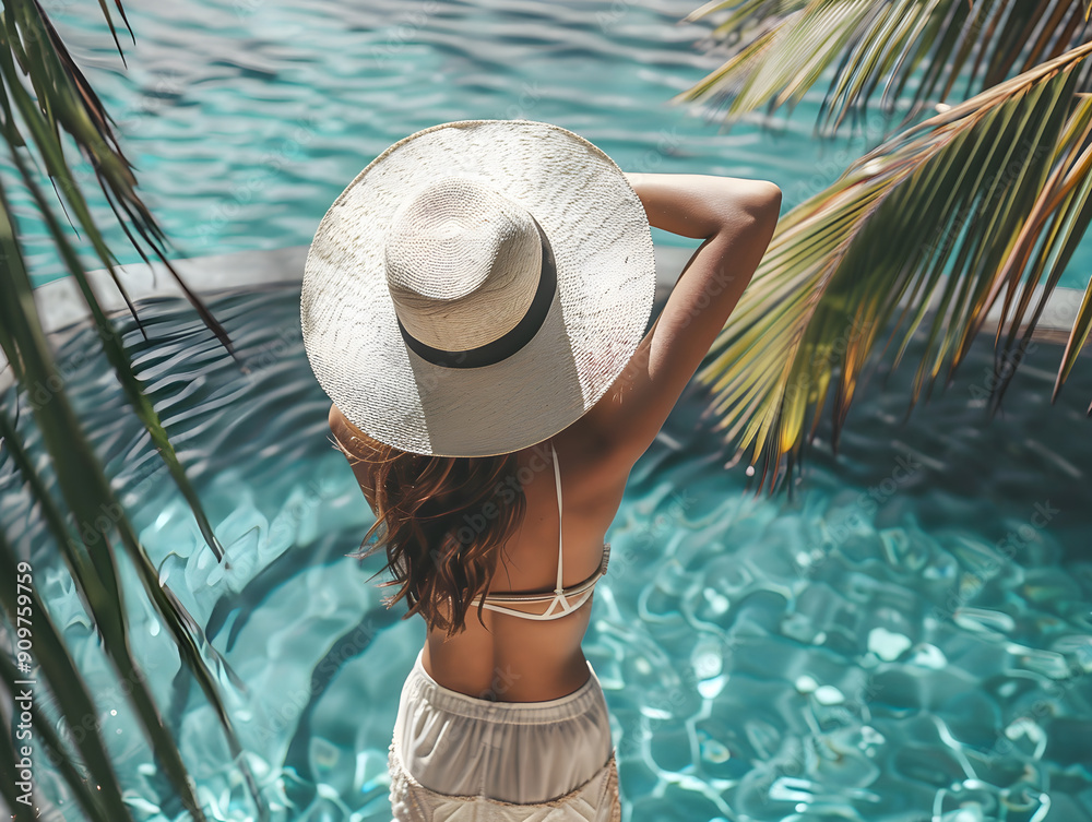 Elegant individual in stylish beach attire enjoying a lavish vacation at a high-end resort.