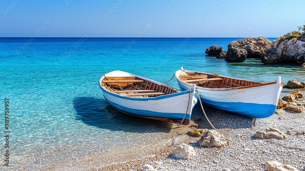 Obraz premium Wooden fishing boats in white and blue colors rest on the beach above the clear blue sea.