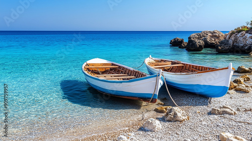 Wooden fishing boats in white and blue colors rest on the beach above the clear blue sea.