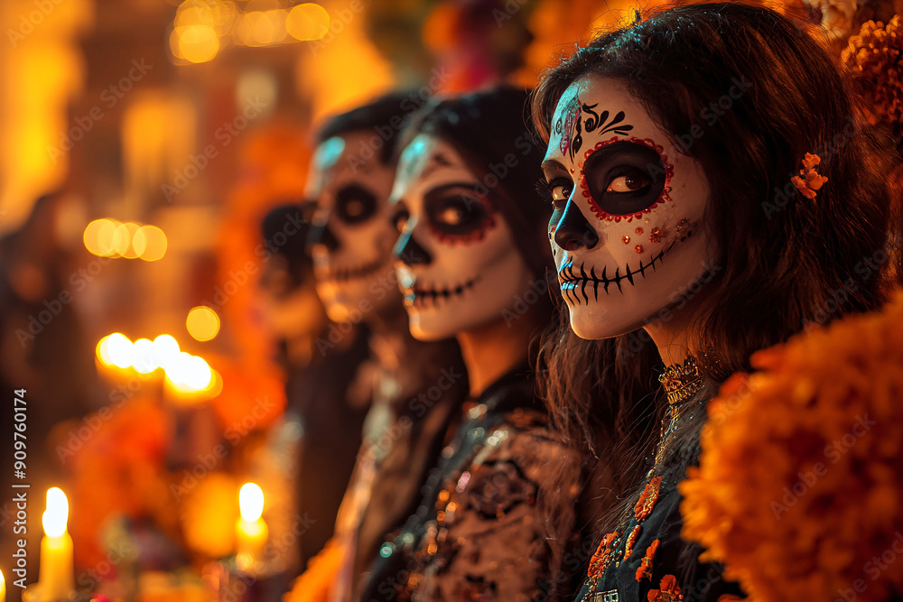 People with Catrina makeup in front of an altar, celebrating Dia de los Muertos. Day of the Dead celebration. Design for greeting cards, invitations, posters. Close-up with copy space. People with Catrina makeup in front of an altar, celebrating Dia de los Muertos. Day of the Dead celebration. Design for greeting cards, invitations, posters. Close-up with copy space.
