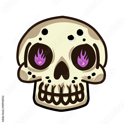 friendly skull with a playful expression and flaming purple eyes
