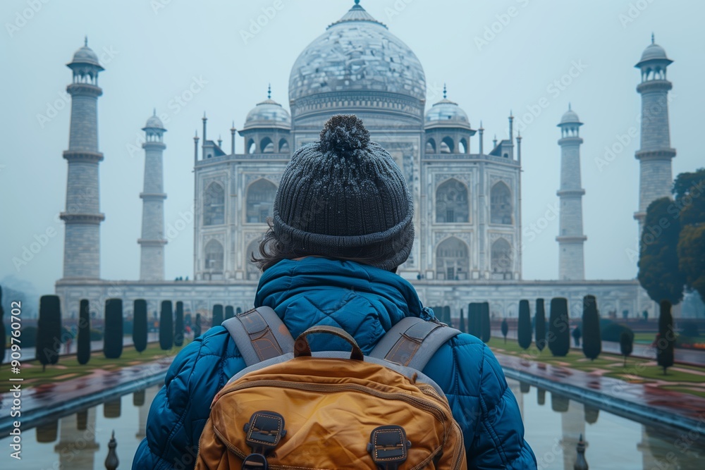 Exploring The Majestic Taj Mahal At Dawn With A Backpack And Warm ...
