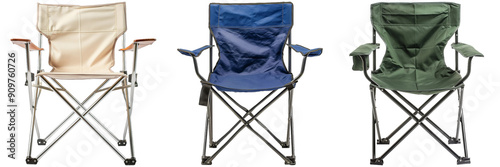 Three folding camping chairs in beige, blue, and green arranged side by side against a plain background