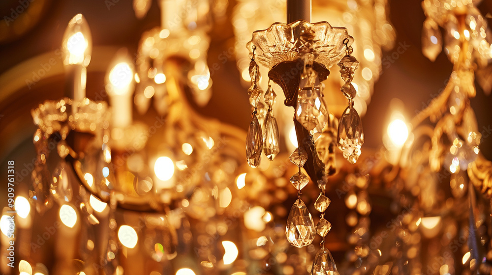 Close-up of an ornate chandelier with crystal details and warm lighting Close-up of an ornate chandelier with crystal details and warm lighting