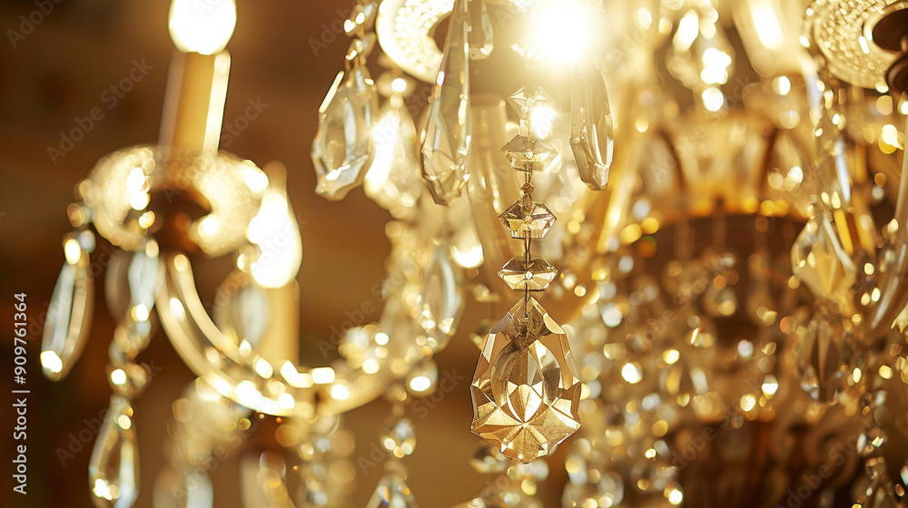 Close-up of an ornate chandelier with crystal details and warm lighting Close-up of an ornate chandelier with crystal details and warm lighting