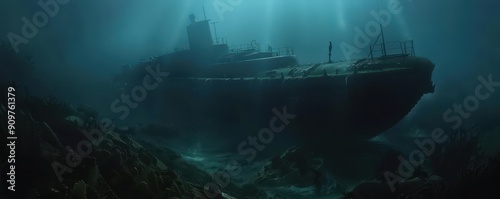 A mysterious sunken ship rests on the ocean floor, illuminated by soft beams of light from above, revealing its haunting beauty.