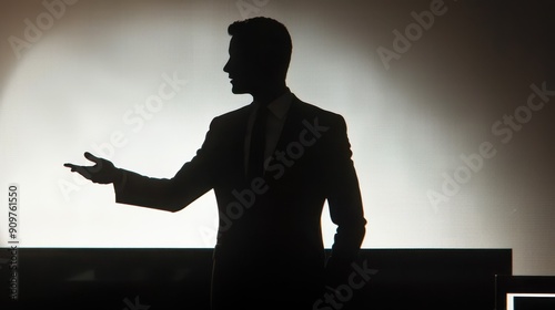 Silhouette of a salesman explaining a product, closeup in a futuristic tech showroom, showcasing advanced technology and interactive demonstrations,
