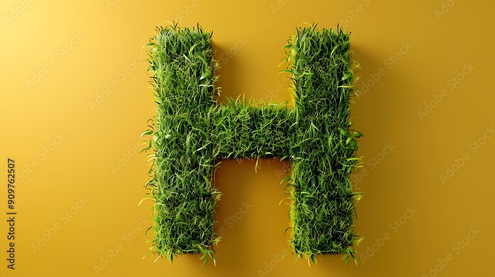 Grass alphabet letter H isolated on golden background Grass alphabet letter H isolated on golden background
