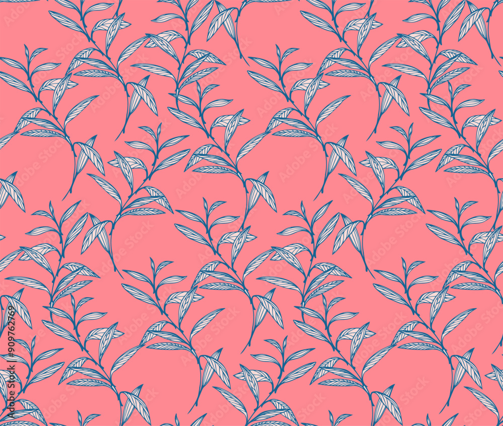 Colorful seamless pattern with abstract artistic tiny leaf stems. Creative branches leaves printing on a pink background. Vector hand drawing illustration. Template for designs, textile, fashion Colorful seamless pattern with abstract artistic tiny leaf stems. Creative branches leaves printing on a pink background. Vector hand drawing illustration. Template for designs, textile, fashion