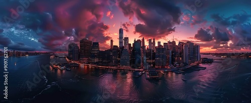 Breathtaking cityscape of New York City's skyline at dusk with vibrant clouds reflecting on the calm river below photo