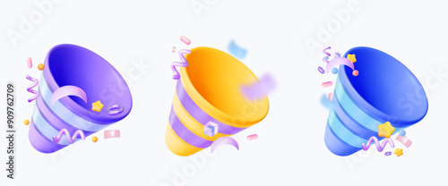 3d icon party popper set for celebrations, birthdays, and new year. In purple, yellow and blue colors.