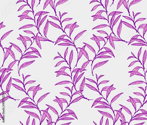 Unique artistic purple branches leaves intertwined in a seamless pattern on a light background. Vector hand drawing. Creative tropical plants printing. Template for designs, textiles, fashion