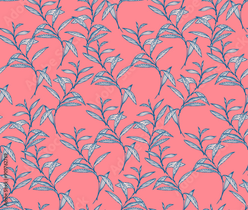 Colorful seamless pattern with abstract artistic tiny leaf stems. Creative branches leaves printing on a pink background. Vector hand drawing illustration. Template for designs, textile, fashion