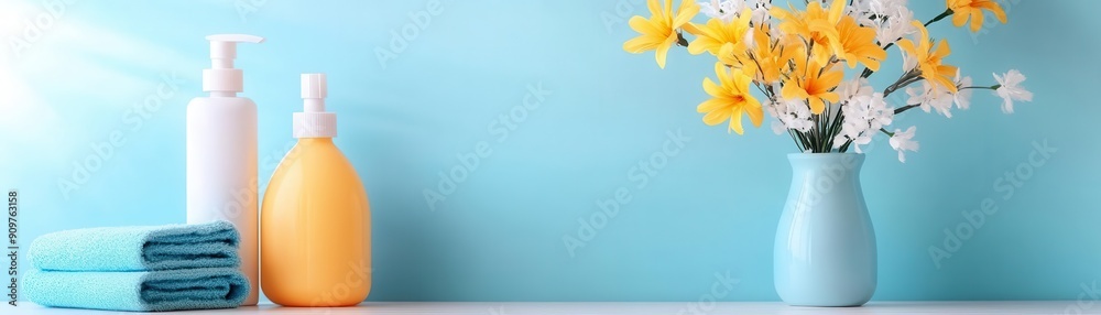Bright scene featuring skincare products, towels, and flowers on a blue background, perfect for beauty and wellness themes. Bright scene featuring skincare products, towels, and flowers on a blue background, perfect for beauty and wellness themes.