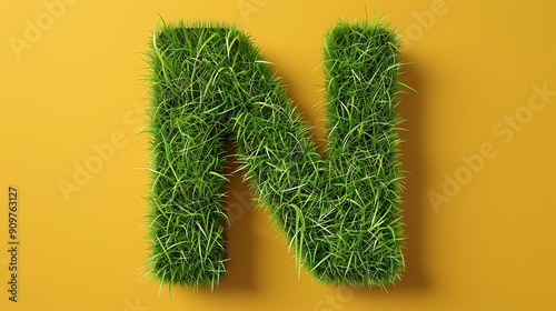 Grass alphabet letter N isolated on golden background