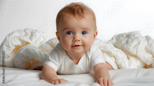 Cute Baby Girl With Blue Eyes Lying On White Blanket