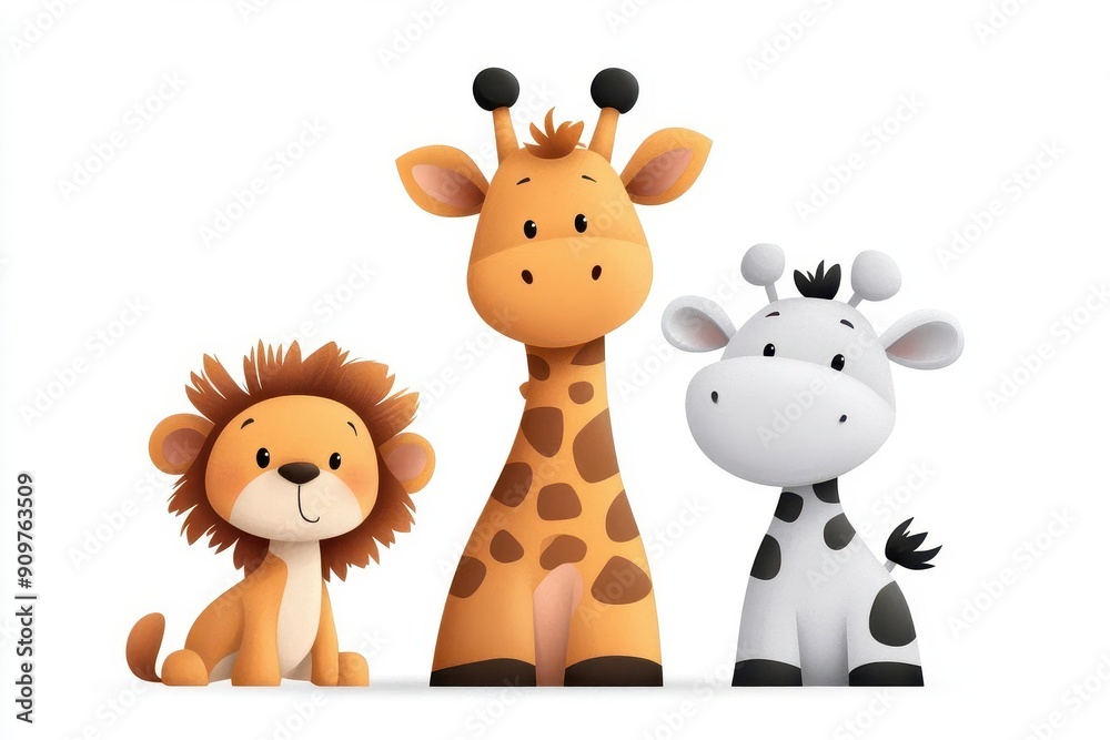 Obraz premium Cute cartoon animals featuring a lion, giraffe, and cow, perfect for children's s and educational materials.