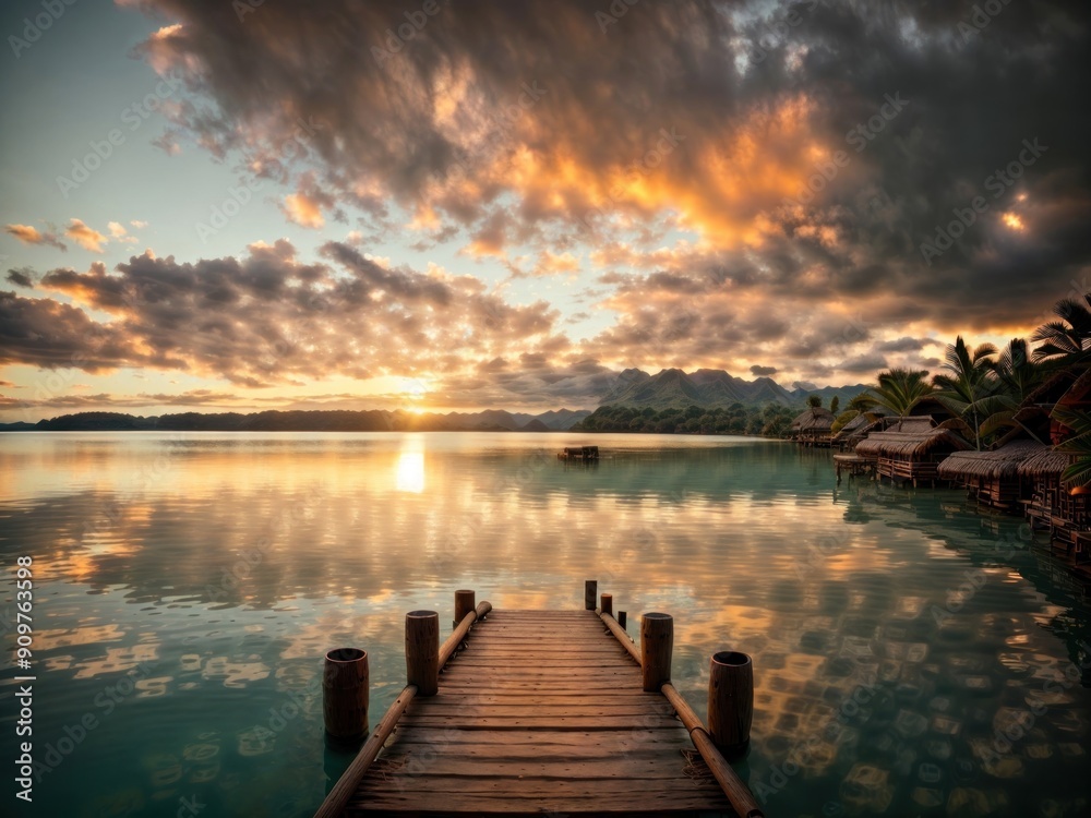 bridge on panorama of beautiful sunset over lake bridge on panorama of beautiful sunset over lake
