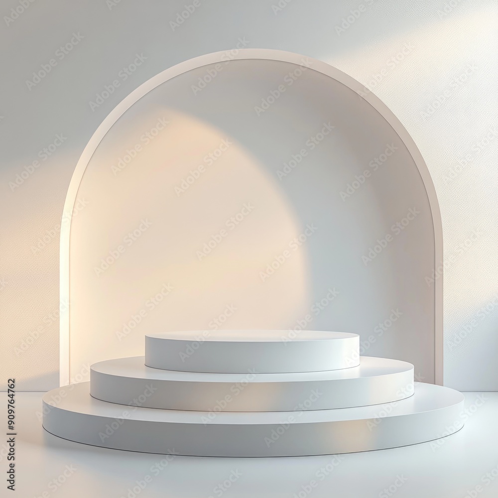 A minimalist central podium in a clean, white space with a subtle gradient background transitioning from light grey to white, emphasizing the empty display space. The podium stands out against the