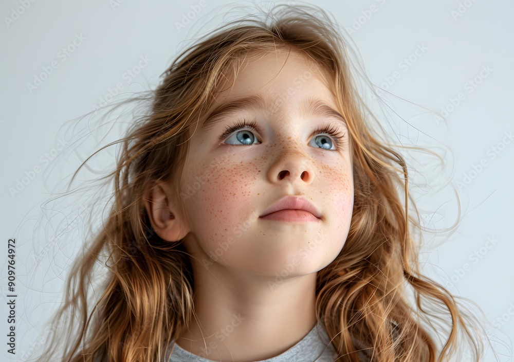 Portrait of Young Girl with Red Hair and Freckles Looking Up Portrait of Young Girl with Red Hair and Freckles Looking Up