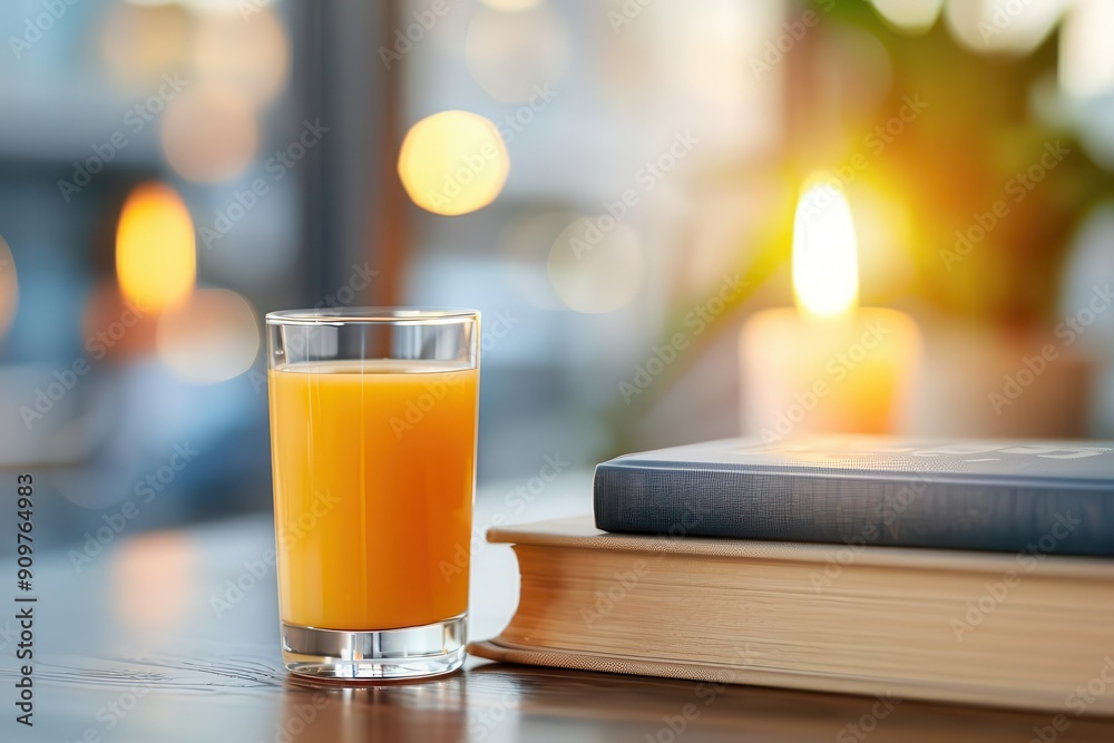 A cozy cafe scene with a glass of orange juice and a book on the table, soft lighting and a relaxed ambiance A cozy cafe scene with a glass of orange juice and a book on the table, soft lighting and a relaxed ambiance